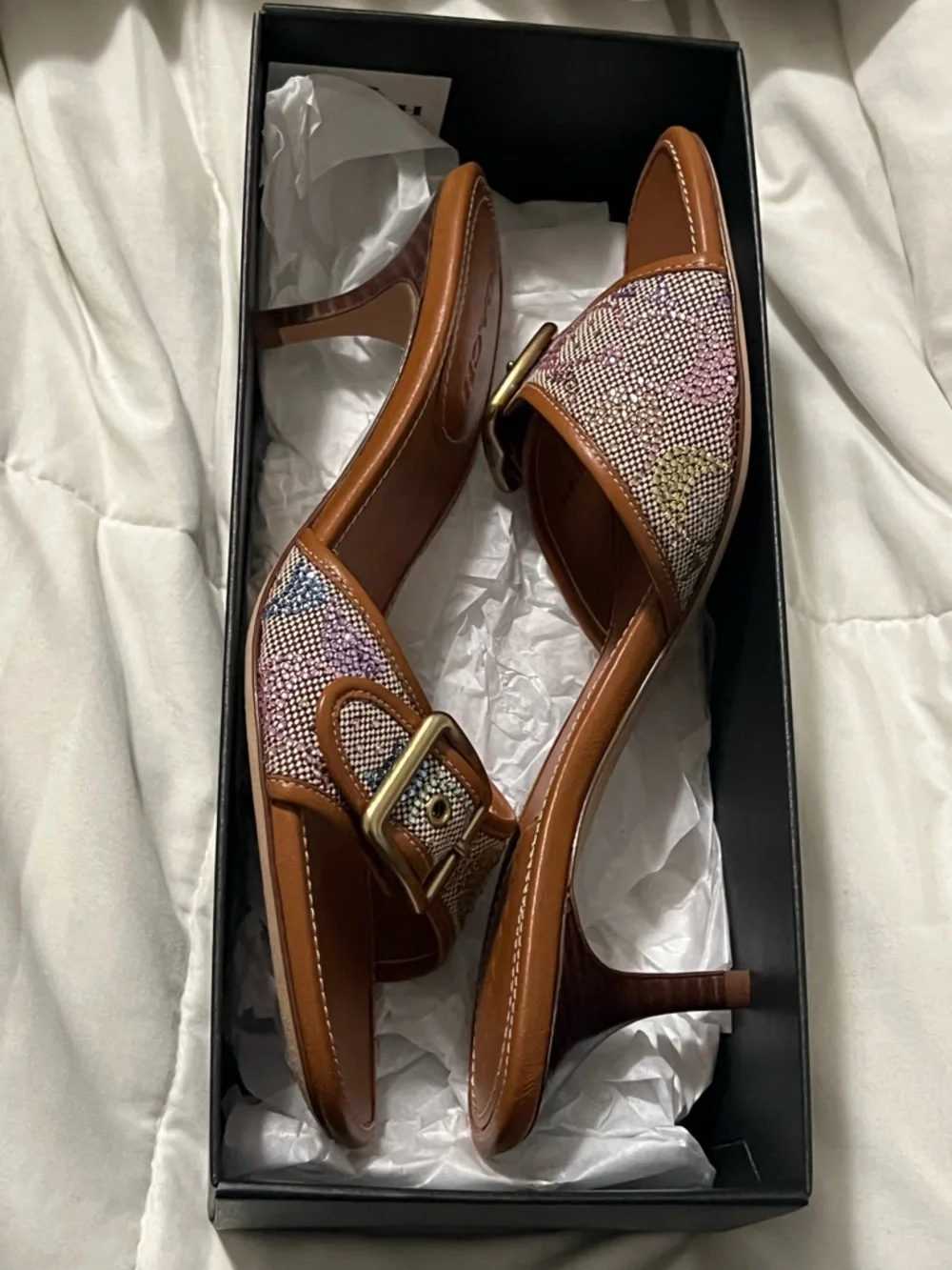 Coach Tan Leather Slide Sandals with Multicolor Woven Strap - Picture 2 of 12